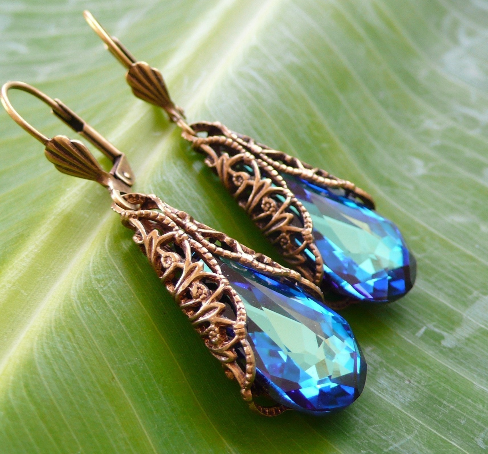 Bermuda Blue Crystal Earrings Antiqued Gold Filigree Teardrops Peacock Blue, Long Vintage Victorian Style