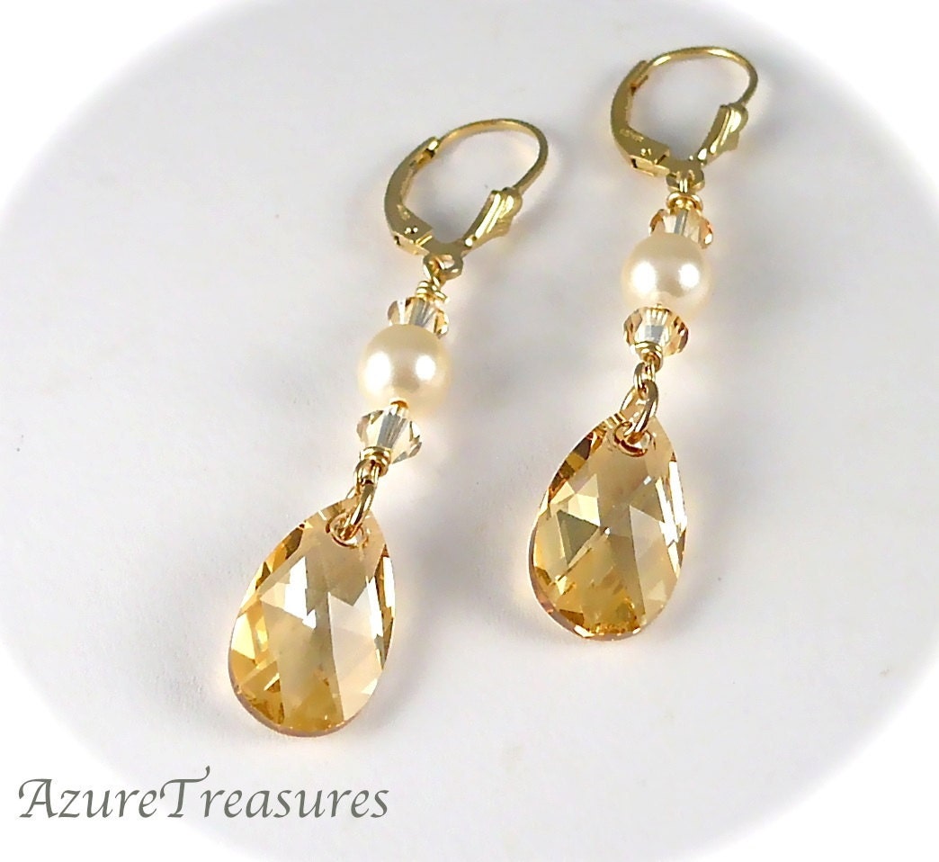 Champagne Bridal Wedding Earrings, Swarovski Teardrop Crystal & Pearls Golden Shadow Long 14k Gold Filled Romantic Vintage Style