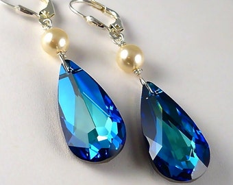 Pearl Bridal Earrings, Bermuda Blue Crystal Earrings, Teardrops Long, Dangles, Sterling Silver Vintage Style Wedding Jewelry
