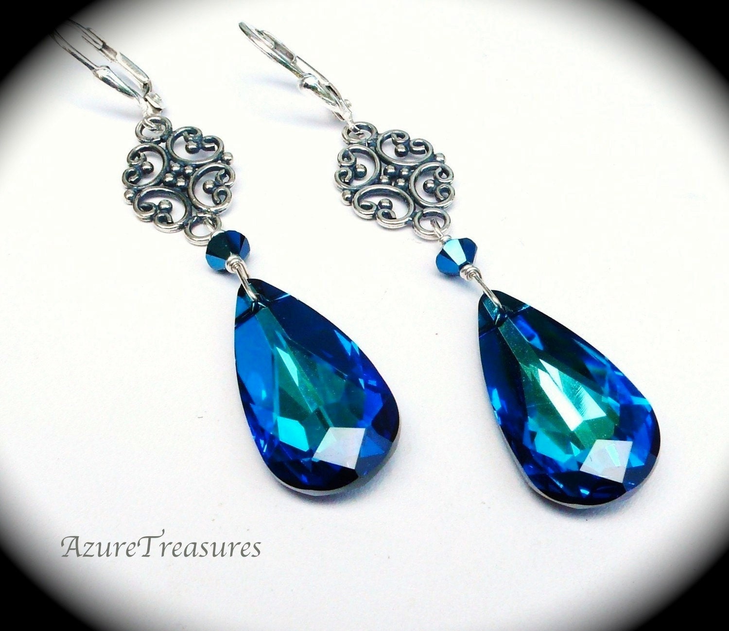 Peacock Blue Earrings, Swarovski Bermuda Blue Crystal Earrings, Vintage Style, Long, Sterling Silver, Bridal Wedding Bridesmaids Jewelry