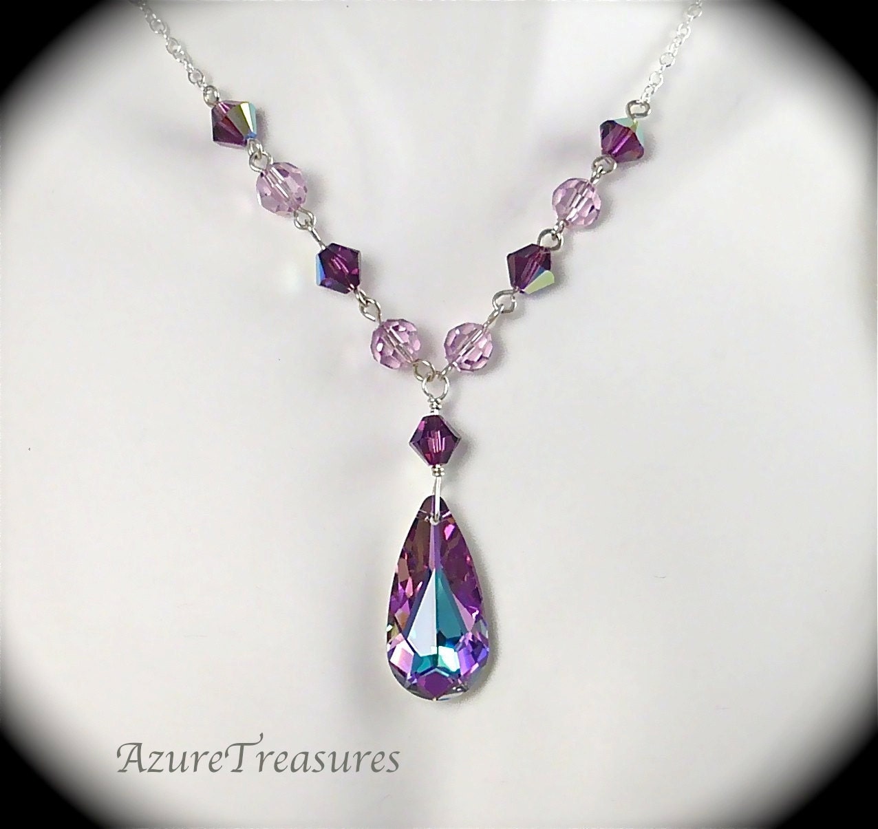 Swarovski Crystal Purple Necklace, Teardrop Pendant Necklace, Vitrail Light & Amethyst Sterling Silver Bridesmaids, Bridal Wedding Jewelry