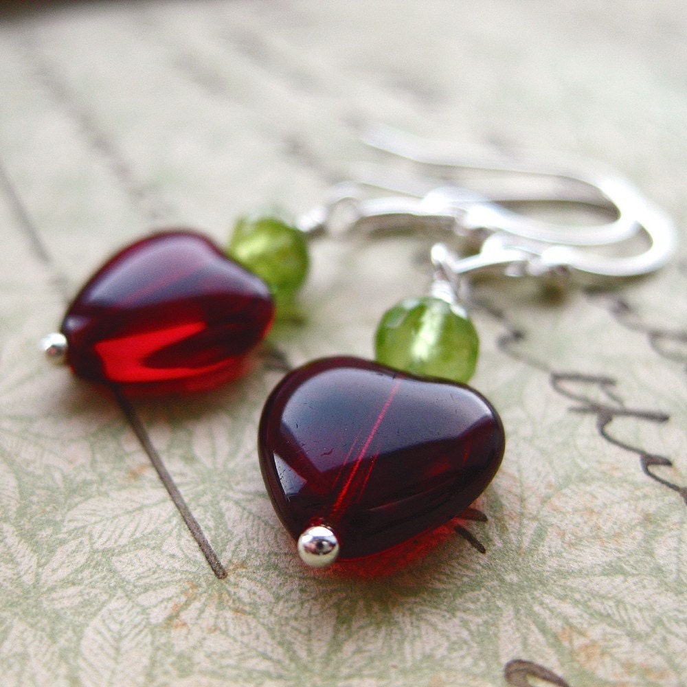 Silver Earrings. Red Heart. Peridot. Victorian Sweetheart