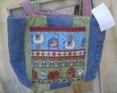 Green Acres Americana reversible patchwork tote bag with primitive buttons, homespun Debbie Mumm fabrics, and recycled denim