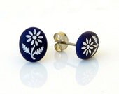 Etched Blue Glass Earrings, Flower, White, Petite, Dainty