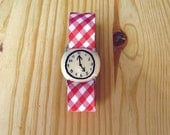 Fake watch bracelet. One-of-a-kind handmade Porcelain toy clock with RED Gingham watchband.