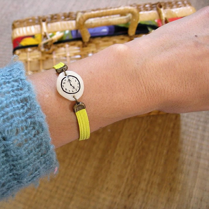 YELLOW FLUOR Fake watch with elastic watchband bracelet. Porcelain toy clock