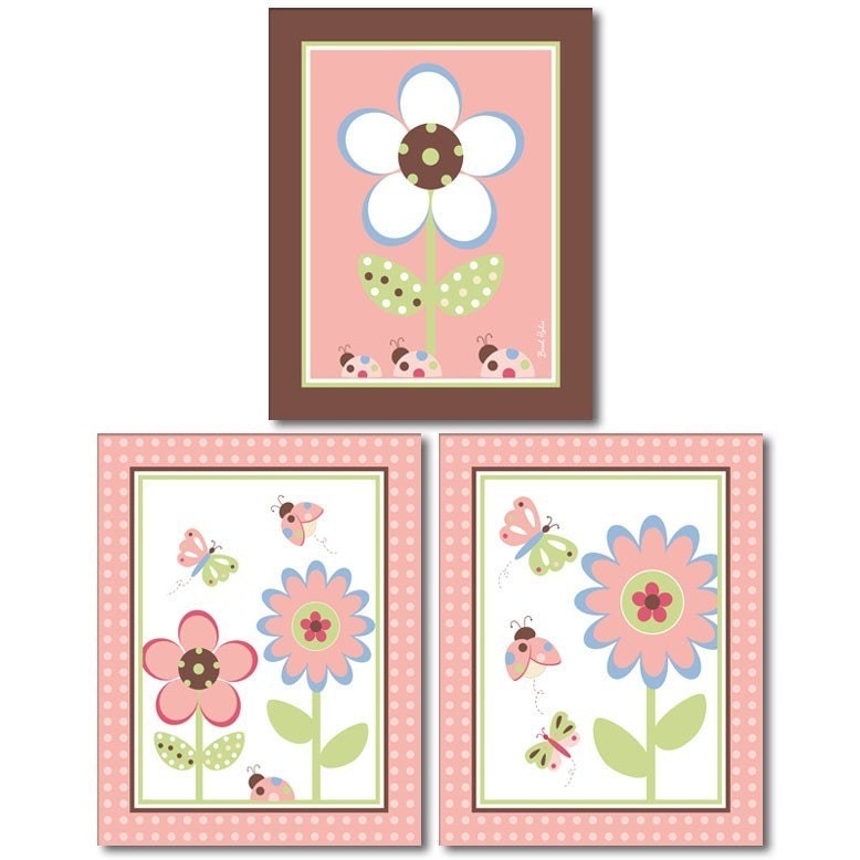 Set of 3 Nursery Prints Butterflies Ladybugs Flowers