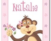 11x14 Girl's Personalized Art Print MONKEY AND FLOWERS