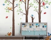 Kids Tree Wall Decals Stickers-Forest Friends Trees, Birds, Squirrels and Owl - Nursery Vinyl Wall Decal