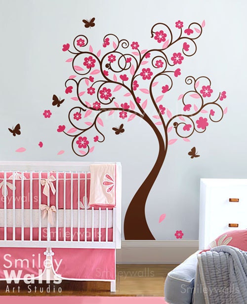 Kids Wall Decals Wall Sticker Tree Wall Decal - Curly Flower Tree with Butterflies Wall Decal