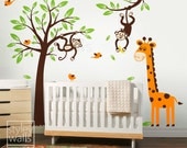 Kids Wall Decal - Monkeys and Giraffe Tree Branch and Birds HUGE Set  - Nursery Playroom Vinyl Wall Art Decal