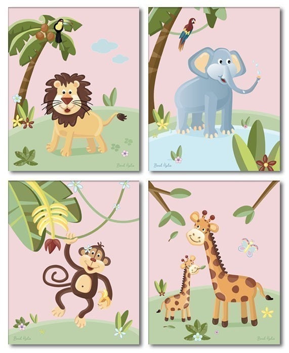 SET OF 4 PINK JUNGLE ANIMALS NURSERY WALL ART PRINT FOR GIRLS