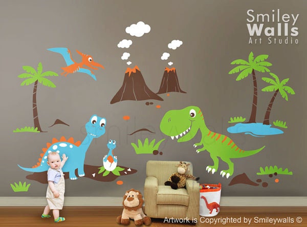 Dino Dinosaurs Land HUGE Set  - Baby Nursery Kids Playroom Vinyl Wall Decal Sticker Decor