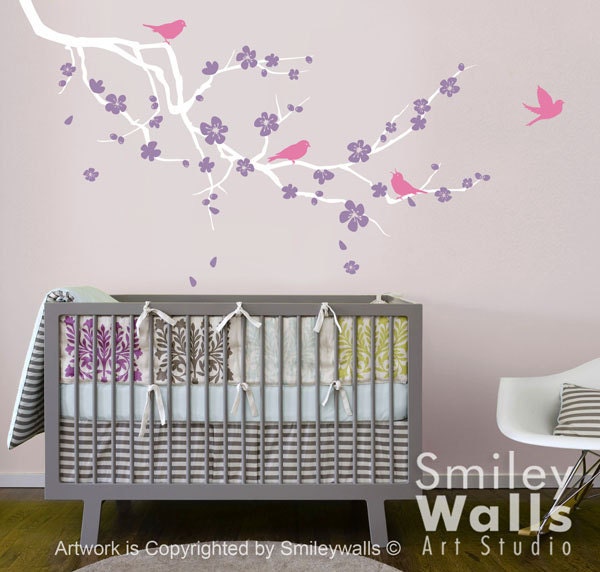 Kids Nursery Vinyl Wall Decal LARGE SIZE Cherry Blossom Branch and Birds - Baby Nursery Room Wall decal Kids Room Decor Art Sticker