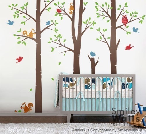 Kids Tree Wall Decals Stickers-Forest Friends Trees, Birds, Squirrels and Owl - Nursery Vinyl Wall Decal