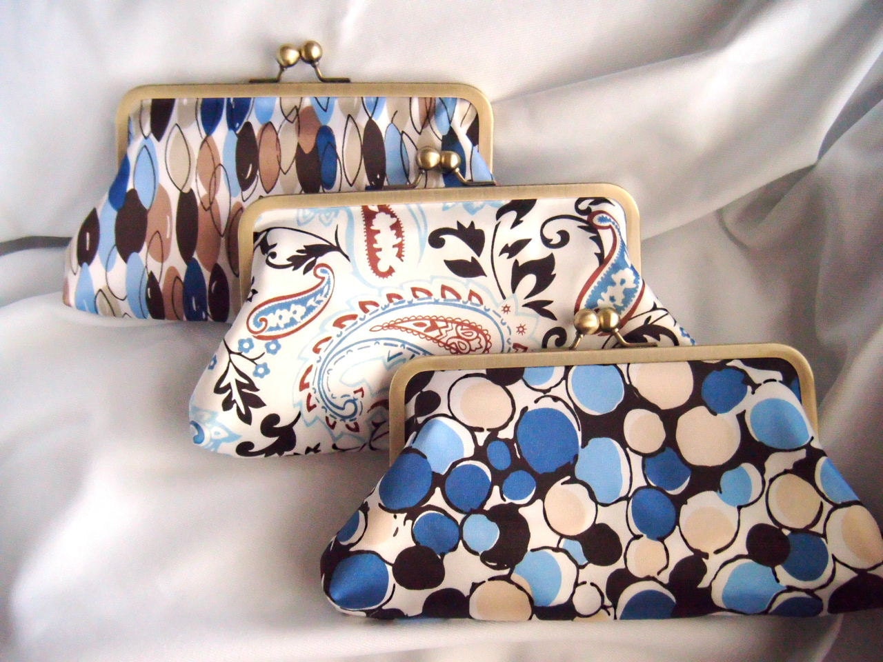 PICK YOUR PRINT Something Blue - Bridesmaids - kiss clasp clutch - Brown and Blue - satin clutches - Fall Weddings - Clutch Set
