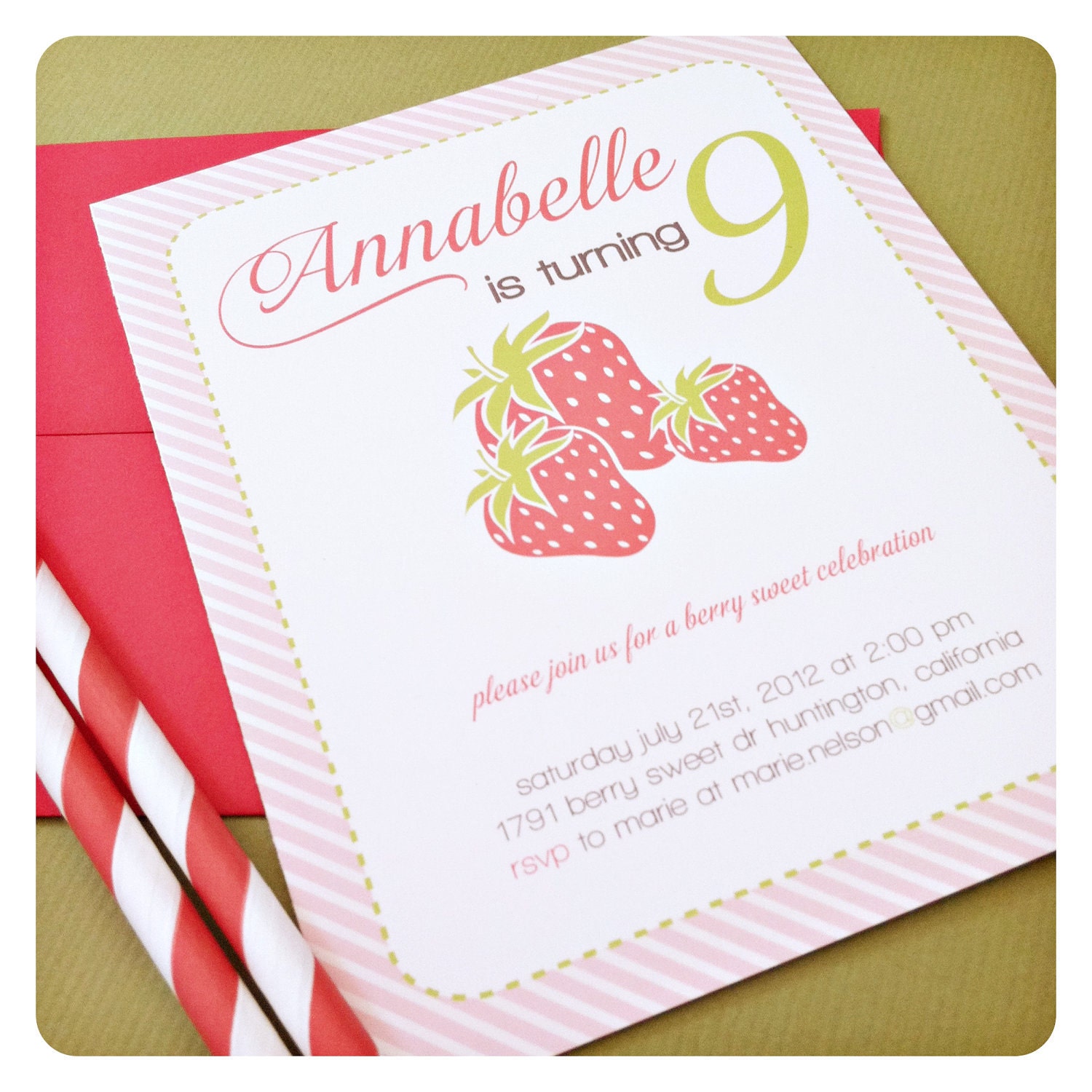 berry sweet. strawberry birthday invitation. printed and handmade. Il_570xn