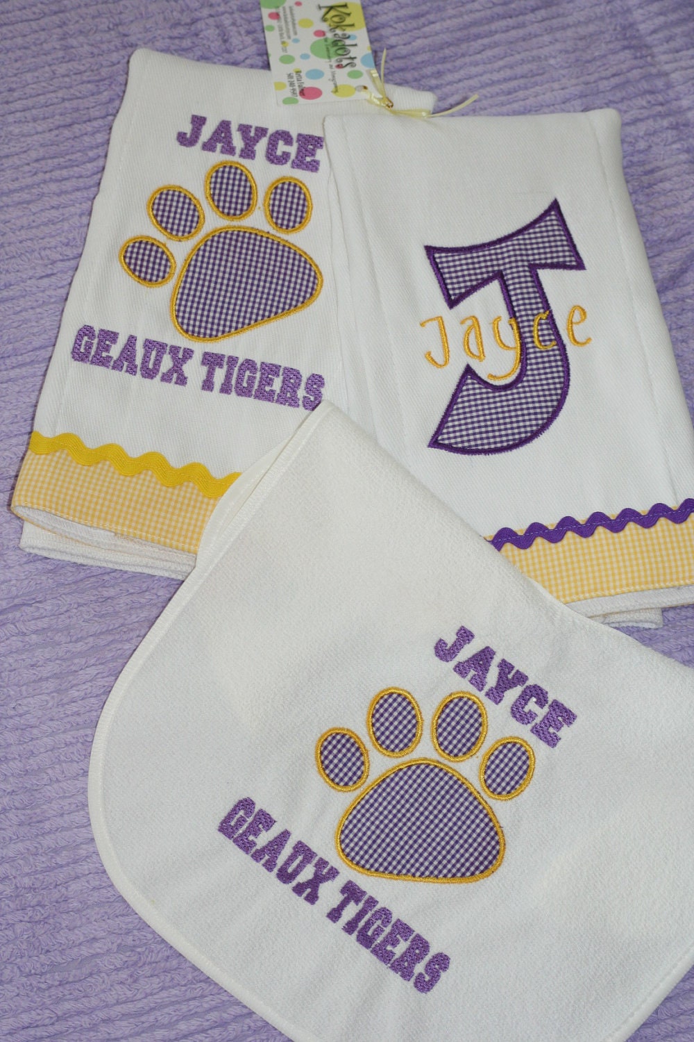 Geaux Tigers LSU Fan - Applique and Embroidered Burp Cloth and Bib Set