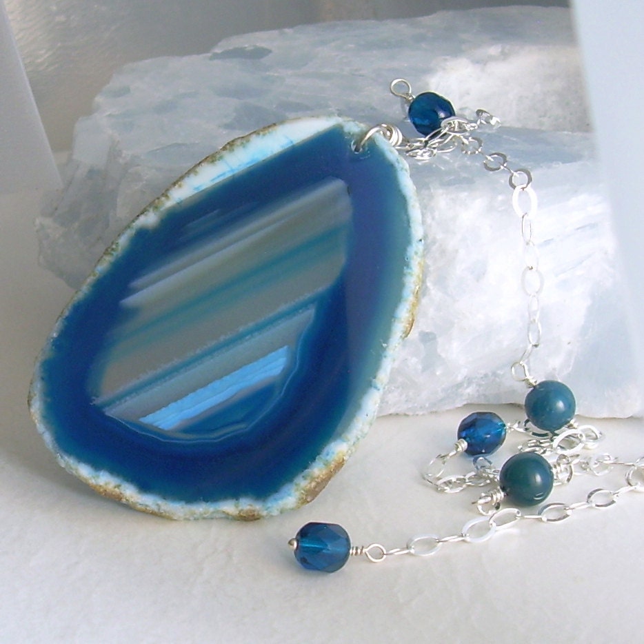 Striped Blue Agate Necklace, Cerulean Semi Precious Gemstone Jewelry