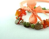 Be a Peach, Dear - Eco Friendly Carnelian, Pearl, Wood and Fabric Bracelet Set