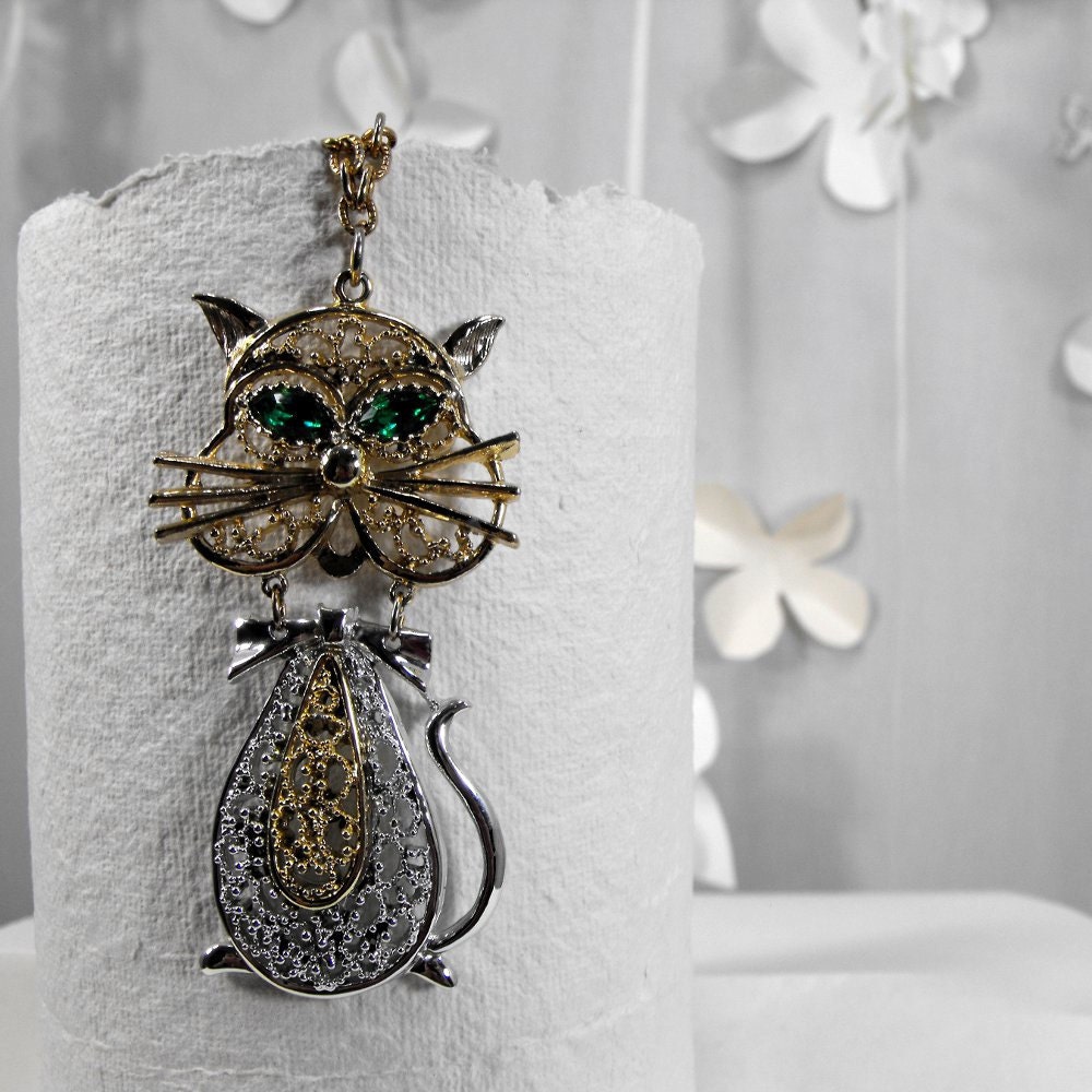 Vintage 70's Oversized Silver and Gold Rhinestone Cat Necklace