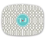 Personliazed Melamine Platter Trelis with initial hearts SALE