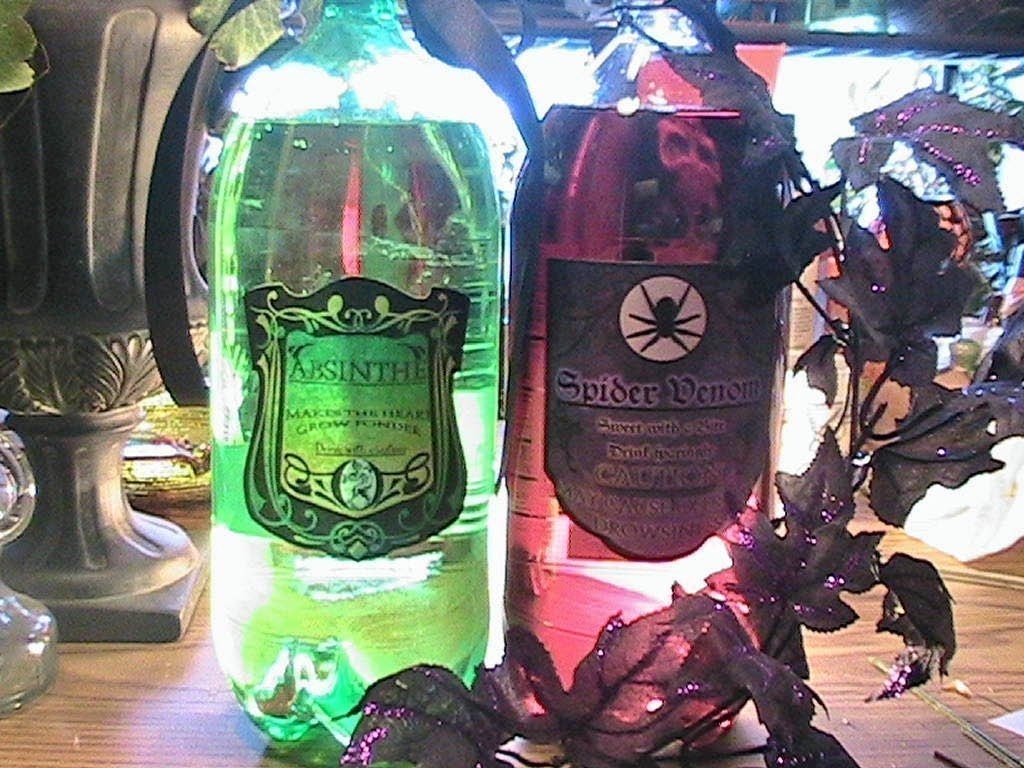 2 Large Self Adhesive Fun Halloween Bottle Labels Bright and Colorful witchs cabinet Absinthe Spider Venom