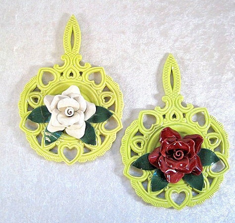 Two Vintage 50's Wall Hanging - Yellow with White and Red Rose Design