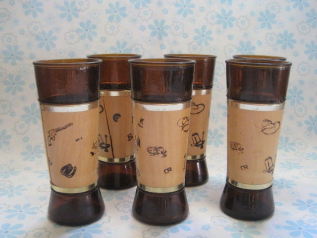 6 Siesta Ware Blond Wood and Amber Cowboy Design Tiki Bar Glasses with Wood Caddy