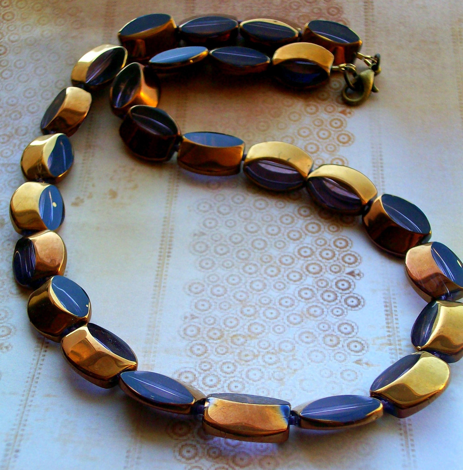 Amethyst in Bronze - Vintage Style Glass Beaded Necklace