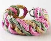 Irish Crochet Bracelet Fiber Bracelet  Faux Chainmail Pink Sage Ecru Pale Yellow