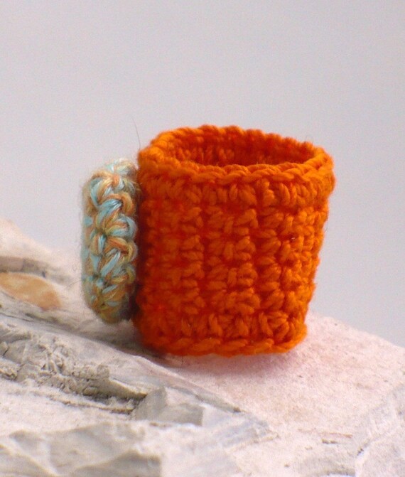 Crochet Ring Orange Turquoise Crochet Button on An Orange Band
