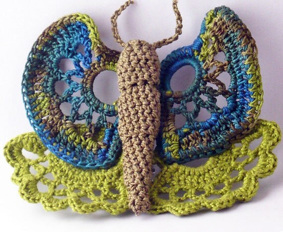 Crochet Brooch Fiber Brooch Irish Crochet Butterfly Pin Olive Chartreuse Green Dark Teal