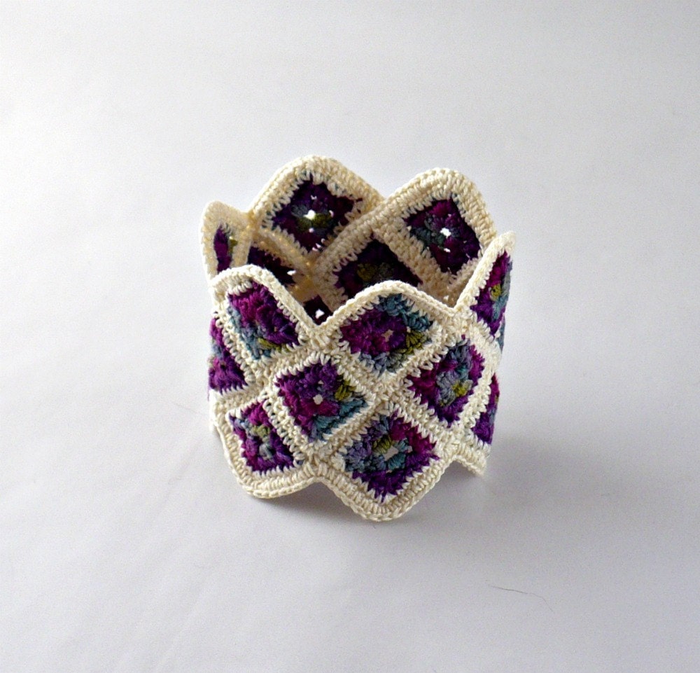 Crochet Granny Square Cuff Bracelet Blueberry Purple Indigo Ecru