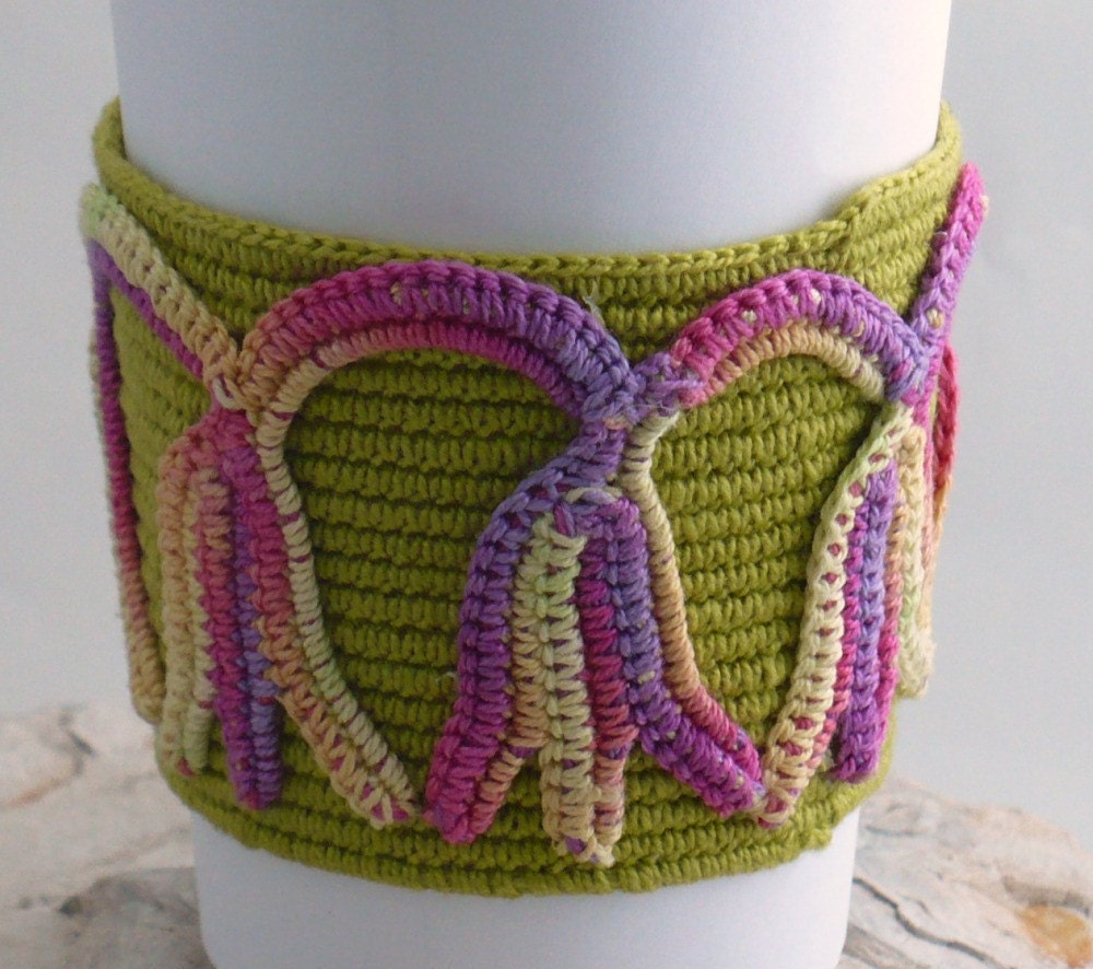 On Sale Marked Down 50% Cup Cozy Crochet Irish Lace Purple Fuchsia Yellow Chartreuse Green