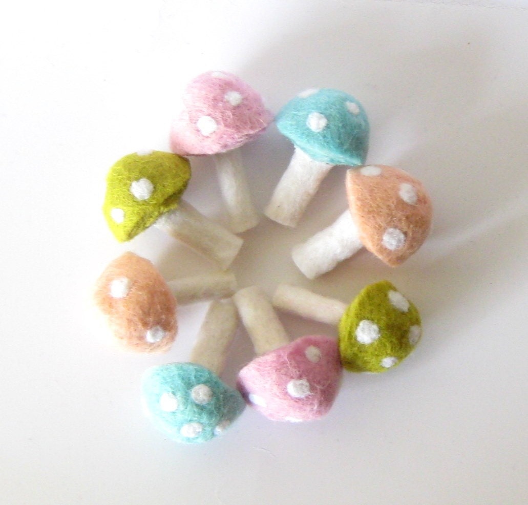 ON SALE Wool Needle Felted 8 Pastel Mushrooms Toadstools Home Decor Spring was 22 dollars now 16 dollars