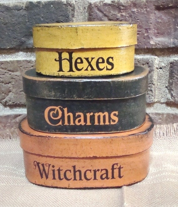 Primitive Halloween Oval 3 Pc. Shaker boxes Witchcraft, Hexes, Charms Handpainted