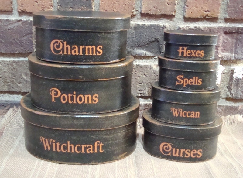 Primitive Halloween Oval 7 Pc. Shaker boxes Witchcraft, Spells, Wiccan, Curses Hp Black