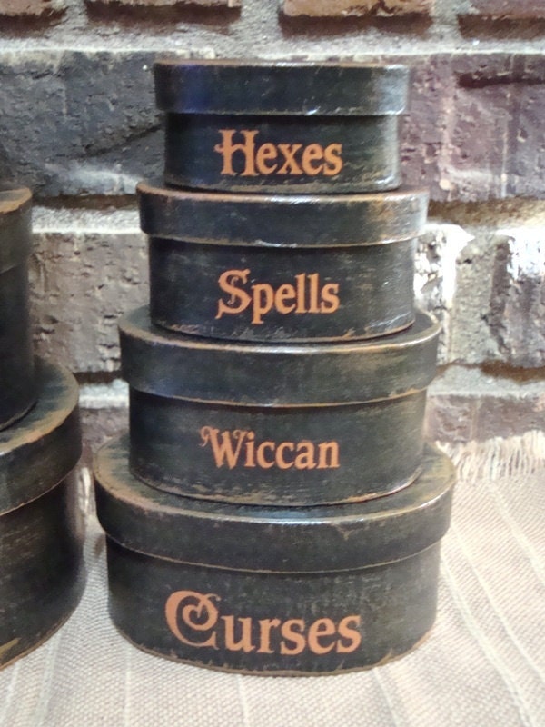 Primitive Halloween Oval 7 Pc. Shaker boxes Witchcraft, Spells, Wiccan, Curses Hp Black