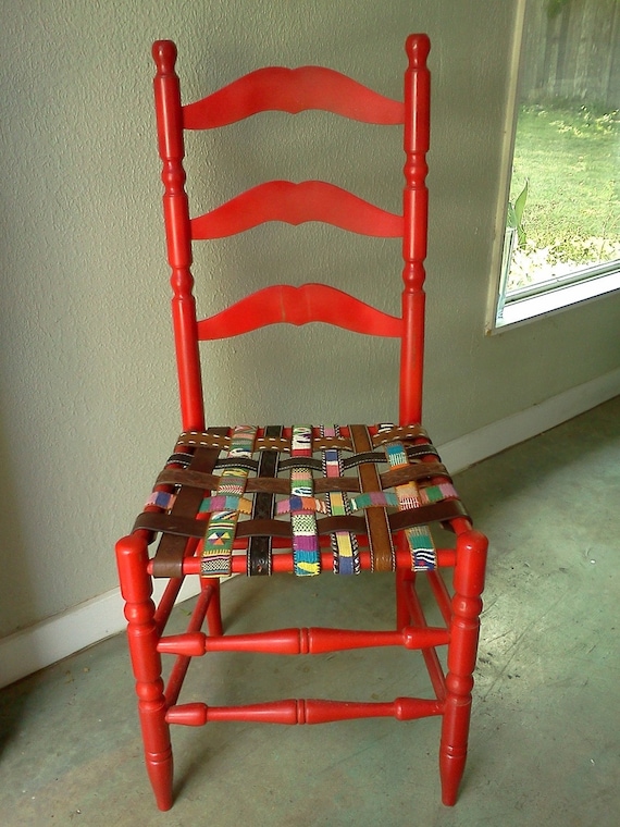 Heeere's "EARL" -  upcycled, recycled ladder back CHAIR with woven BELTS guatemalan, western, leather, tooled...