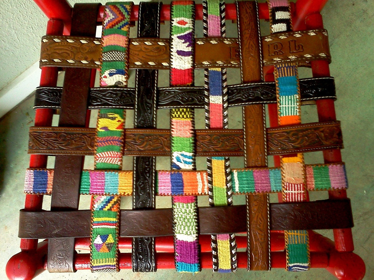 Heeere's "EARL" -  upcycled, recycled ladder back CHAIR with woven BELTS guatemalan, western, leather, tooled...
