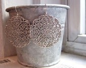 Chandelier earrings. Big silver earrings. Vintage fiigree. Floral heart earrings. LACE