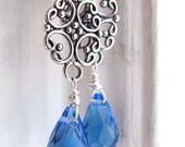 Chandelier earrings. Silver earrings. Blue earrings. Crystal drops. Filigree. Bali Silver. BLUE MOON