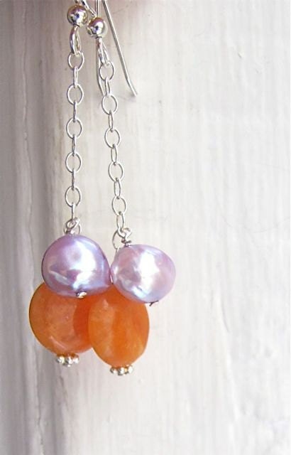 Silver earrings. Drop earrings. Chain earrings. Pearl earrings. Purple. Orange.