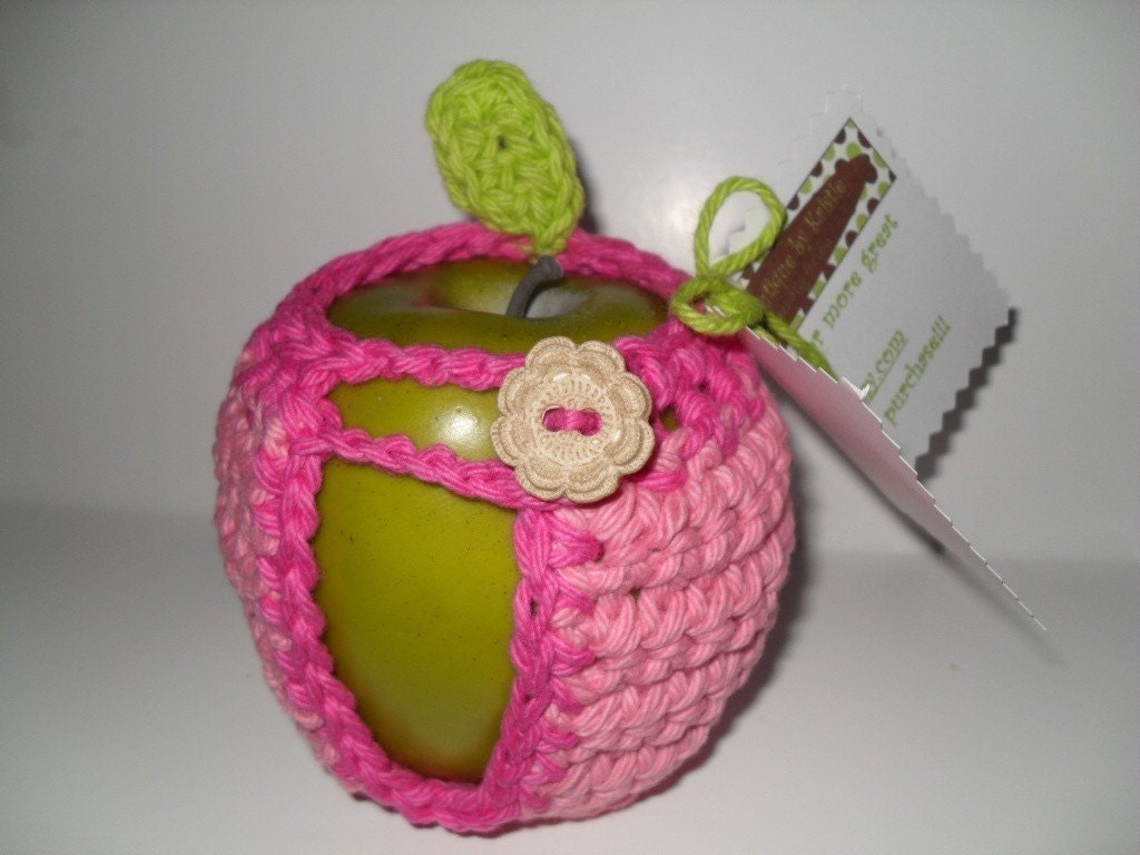 MADE TO ORDER-handmade crocheted apple cozy or apple jacket or apple coozie in adorable colors cotton candy pink and hot pink with lime green leaf eco friendly