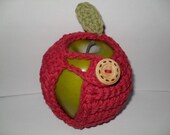 crocheted apple cozy or fruit cozy in country red with country green leaf eco friendly