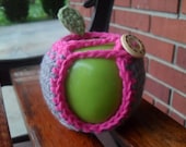 crocheted apple cozy in gray grey and hot pink