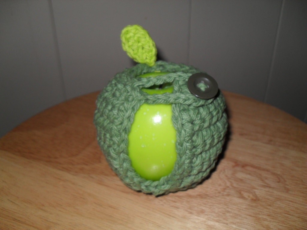 handmade crocheted apple cozy or fruit cozy in sage green
