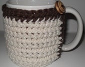 handmade crocheted coffee mug cozy in beautiful colors chocolate and cream eco friendly