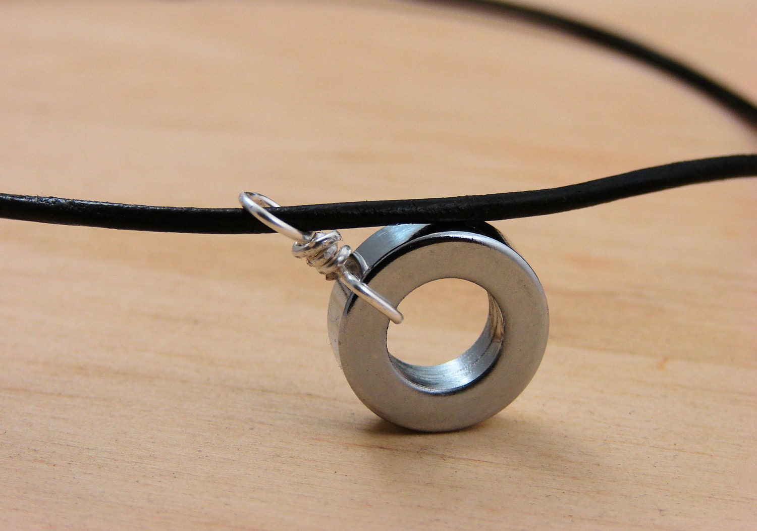 Pendant Necklace Geometirc Hardware Jewelry on Leather Cord Unisex Jewelry